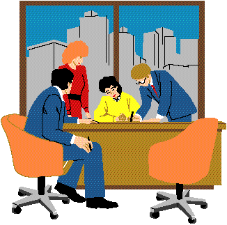 1990s clip art of two men and two women in business attire around a desk, a skyline visible in the window behind them.